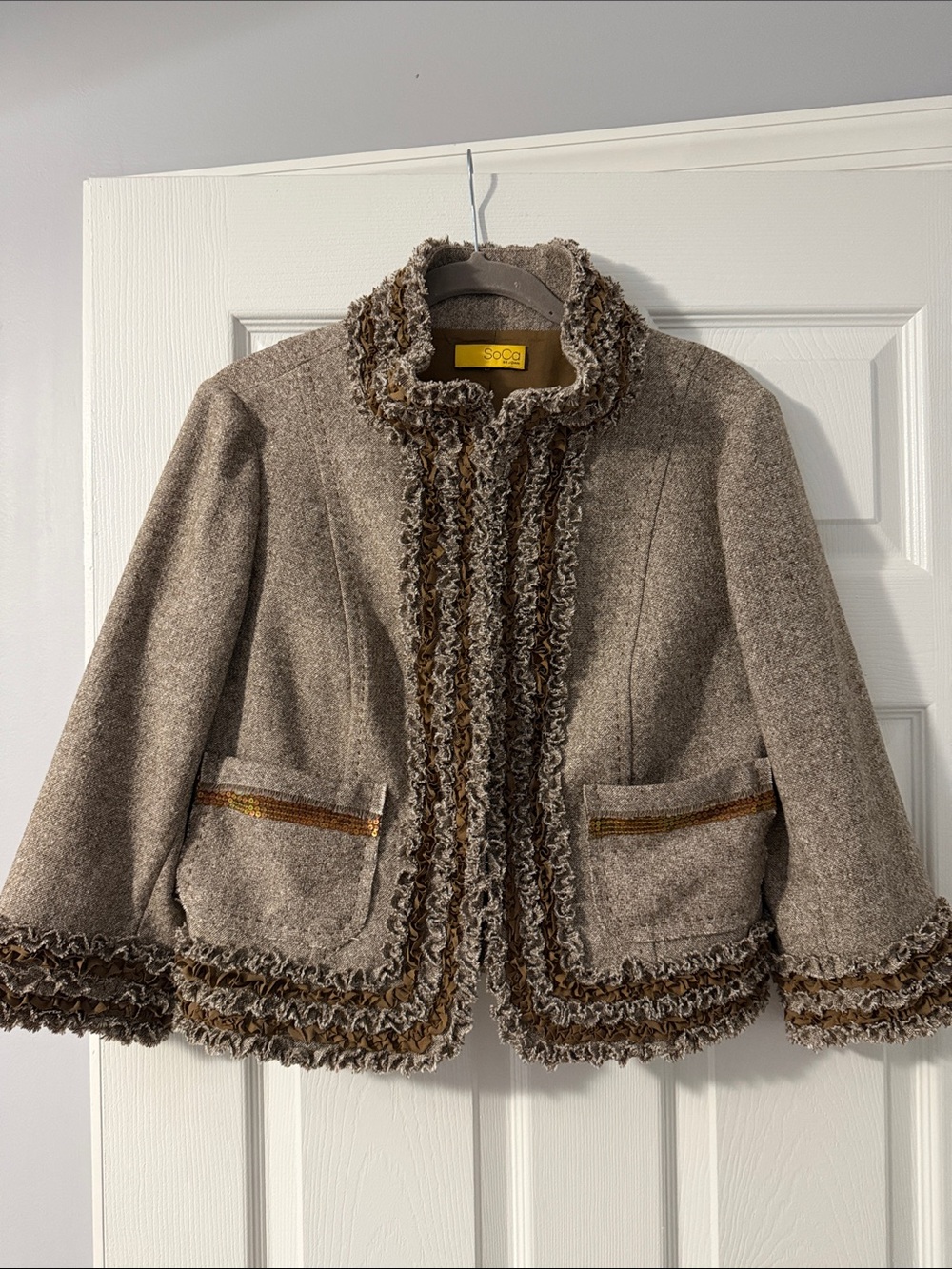St. John Beige Tweed Blazer with Ruffle Trim